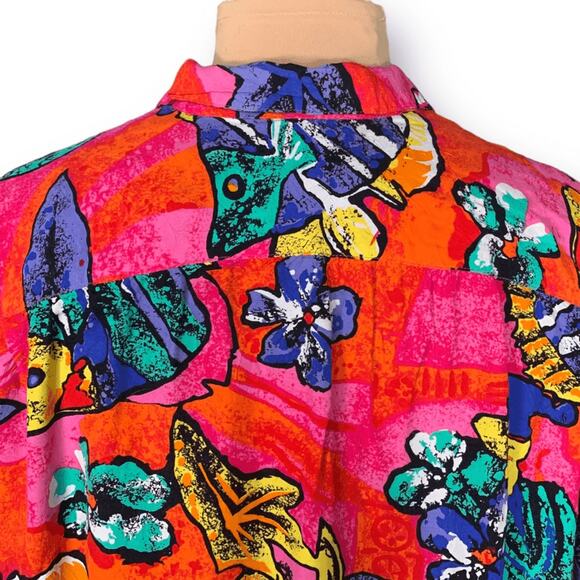 Vintage 90s Hilo Hattie Hawaiian Shirt Bright Tropical Fish Print Short Sleeve - Picture 7 of 11